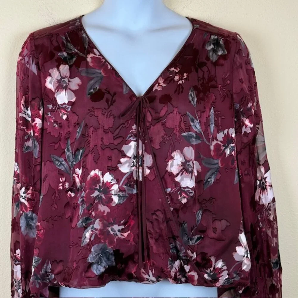 White House Black Market Blouse Women 16 Silk Blend Burgundy Long Sleeve - Picture 5 of 16